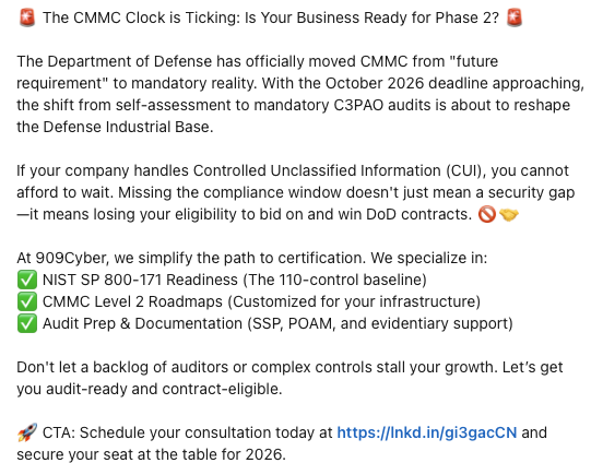 LinkedIn post titled 'The CMMC Clock is Ticking: Is Your Business Ready for Phase 2?' from 909Cyber, warning about an October 2026 deadline and selling NIST 800-171 readiness, CMMC L2 roadmaps, and audit prep
