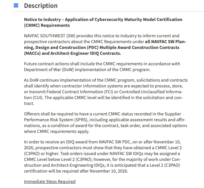 Screenshot of the NAVFAC Southwest 'Notice to Industry – Application of Cybersecurity Maturity Model Certification (CMMC) Requirements' description, stating contractors must show CMMC Level 2 C3PAO or higher to receive an IDIQ award on or after November 10, 2026