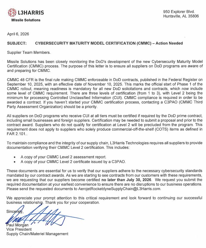 L3Harris Missile Solutions supplier letter dated April 6, 2026, signed by VP Paul Morgan, requiring suppliers to submit CMMC Level 2 assessment report and C3PAO-issued L2 certificate no later than July 30, 2026