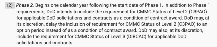 Screenshot of 32 CFR §170.3(e)(2), the four-sentence Phase 2 paragraph from the CMMC final rule