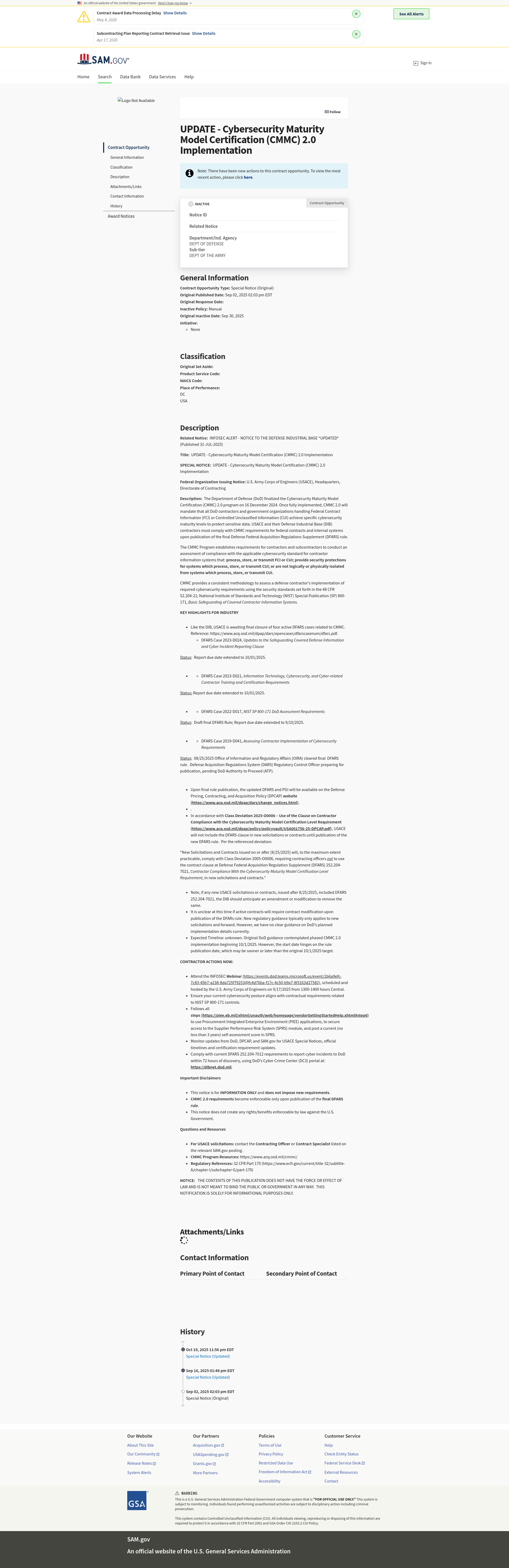 SAM.gov page for the U.S. Army Corps of Engineers Special Notice 'UPDATE - Cybersecurity Maturity Model Certification (CMMC) 2.0 Implementation,' originally published September 2, 2025, updated October 23, 2025, issued by USACE Headquarters Directorate of Contracting